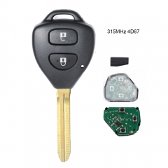 Remote Key Fob 2 Button 315MHz 4D67 Chip for Toyota Corolla RAV4 Hiace