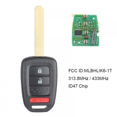 Remote Car Key 2+1 Button 313.8MHz / 433MHz ID47 Chip for 2013-2016 Honda Accord Civic FCC ID:MLBHLIK6-1T