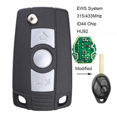 Modified Flip Remote Key 3 Button 315MHz / 434MHz ID44 Chip for BMW 3 5 7 HU92 Blade