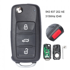 5K0 837 202 AE Flip Remote Key Fob 3+1B 315MHz ID48 for Volkswagen Beetle Jetta Eos Golf Tiguan GTI 2011 2012 2013