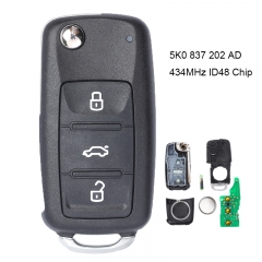 Flip Remote Car Key Fob 3 Button 434MHz ID48 for VW Volkswagen Toureg Beetle Golf Jetta 2011-2015 5K0 837 202 AD