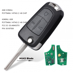 Replacement Flip 3 Buttons Remote Key Fob ASK 315MHz/433MHz PCF7946 for Vauxhall/Opel Vectra C,Signum 2003-2007 Uncut HU43 blade