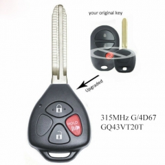 Upgraded Remote Key 3 Button Fob 315MHz With G Chip / 4D67 for Toyota Sienna Tacoma FCCID: GQ43VT20T
