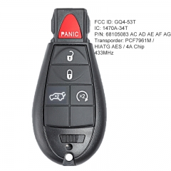 Smart Remote Key Fob 4+1B 433MHz 4A Chip for Jeep Cherokee 2014 2015 2015 2017 2018 2019 68105083 AC AD AE AF AG FCC: GQ4-53T