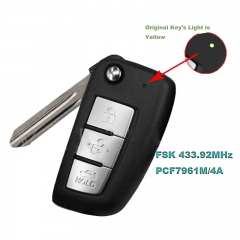 Flip Remote Key (Yellow Led ) 3 Button PCF7961M / 4A CHIP 433.92MHz FSK Replacement for Nissan Sylphy 2019 2020