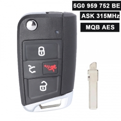 5G0 959 752 BE MQB AES ID88 Flip Keyless Remote Key Fob ASK 315MHz for Volkswagen Golf GTI 5G0959752BE FCC ID: NBGFS12P01