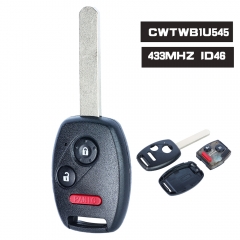 CWTWB1U545 433MHz ID46 Replacement Remote Key Fob for Honda Fit 08, Odyssey 2005 - 2010, Ridgeline 2006-2014