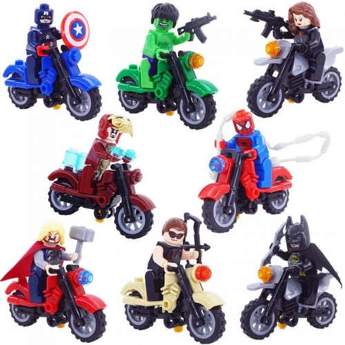 8Pcs Super Heroes Iron Man Hawkeye Batman Hulk Spiderman Compatible Building Blocks Minifigures Mini Figure Toys with Motorcycles