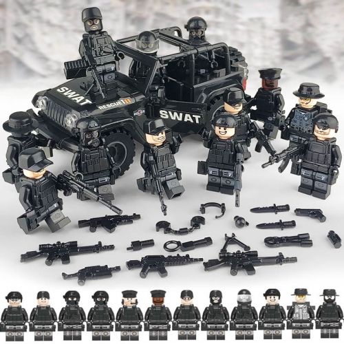 SWAT Military Building Blocks Mini Figures Set - SUV + 12Pcs Soldiers Minifigures with Weapons and Accessories