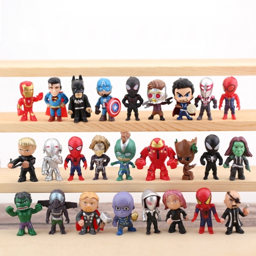 26Pcs Set Super Heroes Anime Action Figures Iron Man Spider-man Hulk Thor Batman Cake Toppers PVC Model Toys 1.6Inch