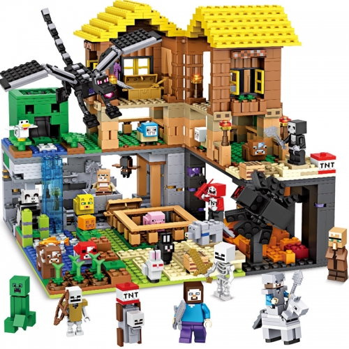 My World The Cave Hut Building Blocks Toys Kit 3 Changeable Scenes with Ender Dragon and 26 Mini Figures 1415Pcs Set