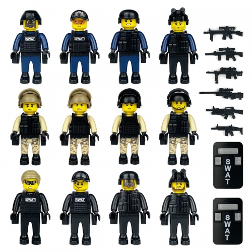 12Pcs SWAT Military Minifigures Set Building Blocks Mini Figures with Weapons and Accessories Gift for Kids NO.20053