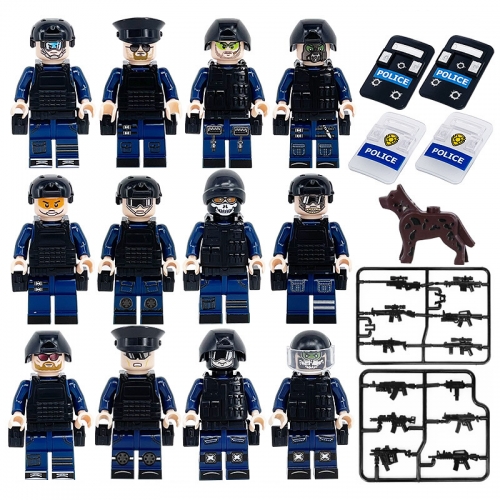 12Pcs SWAT Military Po-lice Minifigures Building Blocks Mini Figures with Weapons and Accessories Gift for Kids M8008