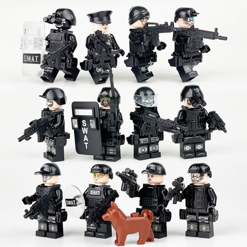 12Pcs SWAT Military Po-lice Minifigures Building Blocks Mini Figures with Weapons and Accessories Gift for Kids M8002