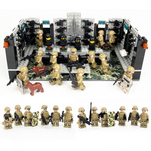 Military SWAT Armory Depot Building Blocks Kit with 8 Soldiers Minifigures Action Figures Set L-25 (1601A+8019)