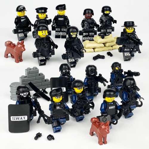 16Pcs SWAT Military Series Soldiers Minifigures Set Building Blocks Mini Figures with Weapons and Accessories
