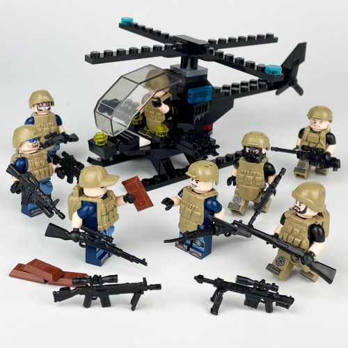 8Pcs Military Soldiers of Fortune Minifigures + 1 Helicopter Building Blocks Mini Figures Toys with Weapons and Accessories