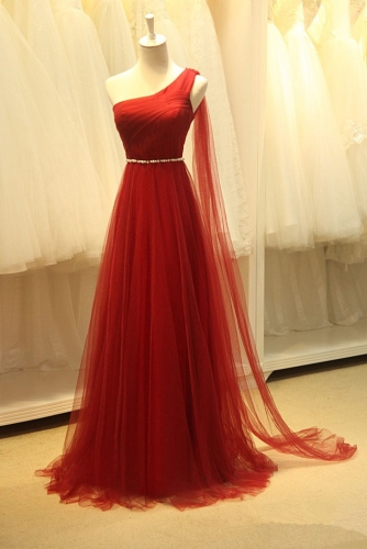 A Line One Shoulder Long Red Dress with Beaded Belt