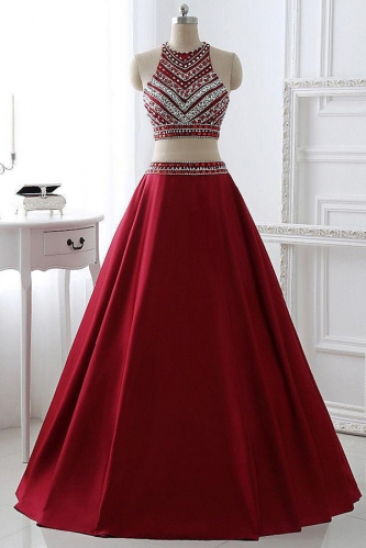 Two Pieces Style Long Red Prom Dresses with Beaded Top