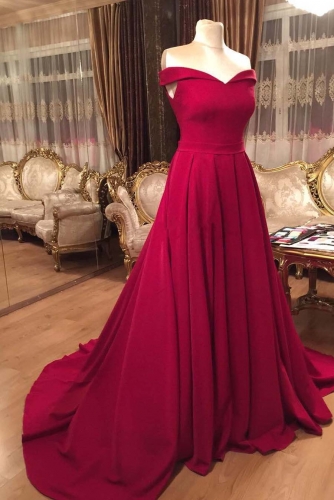 A Line Off Shoulder Red Satin Prom Dresses