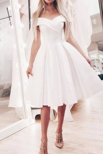 Short Off Shoulder White Satin Dress with Box Pleats