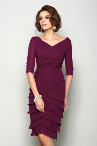 Short Plum Color Mother of Bride Dresses with Layered Skirt