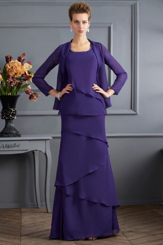 Purple Chiffon Layered Skirt Mother of Bride Dress with Jacket