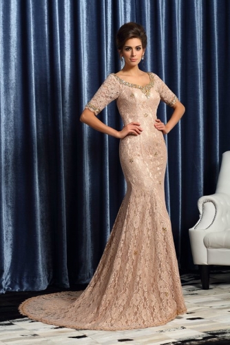 Long Champagne French Lace Mermaid Dresses with Beading