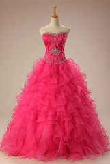 Beaded Hot Pink Quinceanera Dresses with Ruffled Organza Skirt