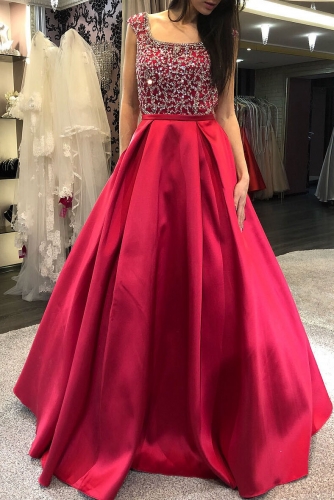 Red Satin Prom Dresses with Beaded Square Neck Bodice