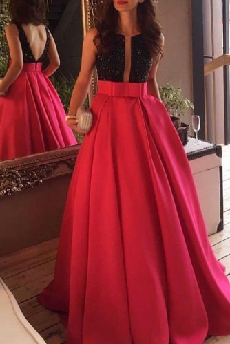 Jewel Neckline Red Prom Dresses with Black Beaded Bodice