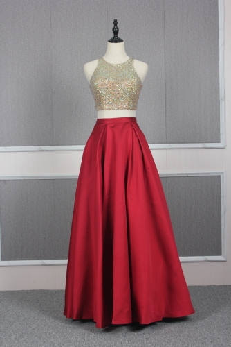 Red Two Pieces Style Dress with Beaded Crop Top and Pocket