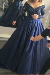 Navy Ball Gown Dresses with Beaded Long Sleeves Lace Bodice