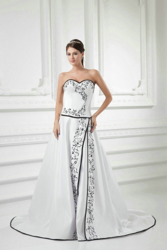 Black Embroidery over White Satin Wedding Dresses