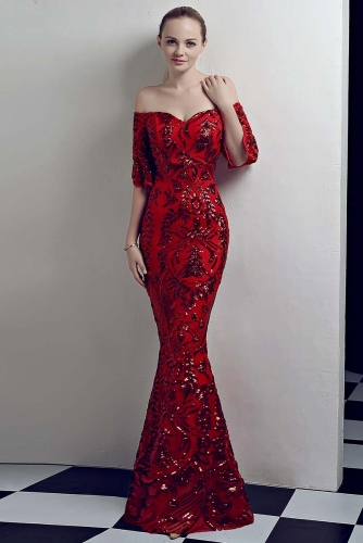 Red Mermaid Sequin Fabric Dresses with Sleeves
