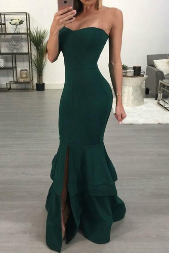 Sexy Emerald Green Mermaid Jersey Prom Dresses with Slit