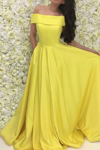 Bright Yellow Off the Shoulder Satin Prom Dress with Train