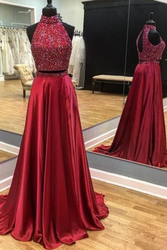 Two Pieces Style Red Satin Prom Dress with Beaded Top