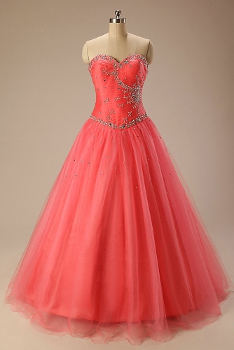 Coral Pink Ball Gown Tulle Dresses with Beading