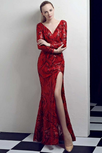 Red Sexy Long Sleeve Mermaid Sequin Dresses