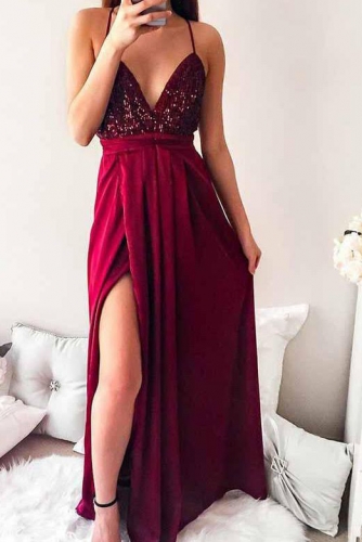 Dark Red Sexy Backless Prom Dress with Sequin Top
