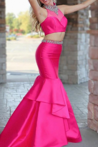 Two Piece Style Hot Pink Mermaid Mikado Prom Dress