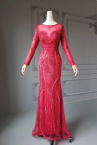 Fully Beaded Red Mermaid Long Sleeves Prom Dress