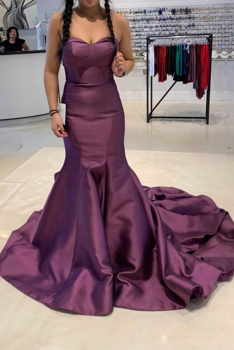 Plum Color Draped Mermaid  Mikado Prom Dress