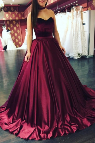 Wine Red Sleeveless Ball Gown Satin Prom Dress