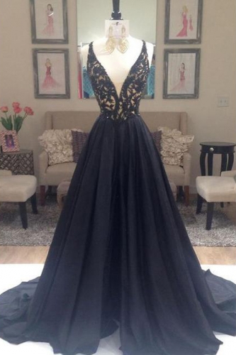 A Line Sexy Black Prom Dress with Beaded Bodice