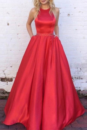 Red Mikado Ball Gown Prom Dress with Beaded Belt