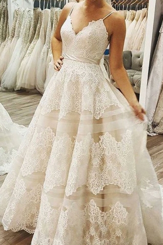 A Line Sleeveless Tiered Skirt Lace Wedding Dress