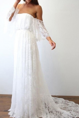 Ivory Boho Lace Beach Wedding Dress with Sleeves