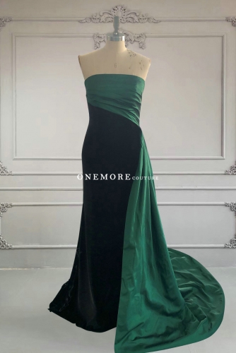 Mermaid Black Velvet Dress with Green Overskirt